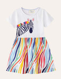 Toddler Girl Rainbow Zebra Prints Short Sleeves Splice Dress - CCMOM