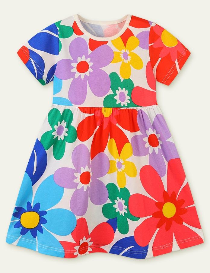 Toddler Girl Sunflower Print Short Sleeves Splice Dress - CCMOM