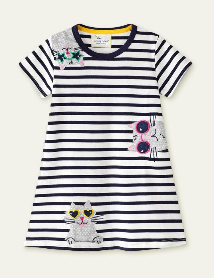 Toddler Girl Three Cats Appliqué Striped Short Sleeves Dress - CCMOM