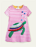Toddler Girl Turtle Appliqué Short-Sleeved Striped Dress - CCMOM