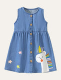 Toddler Girl Unicorn Appliqué Embroidered Button Design Sleeveless Denim Dress - CCMOM