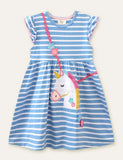 Toddler Girl Unicorn Appliqué Embroidered Striped Flutter-sleeve Dress - CCMOM