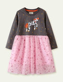 Toddler Girl Unicorn Appliqué Long Sleeve Mesh Splice Dress - CCMOM