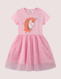 Toddler Girl Unicorn Applique Short Sleeves Mesh Splice Dress - CCMOM