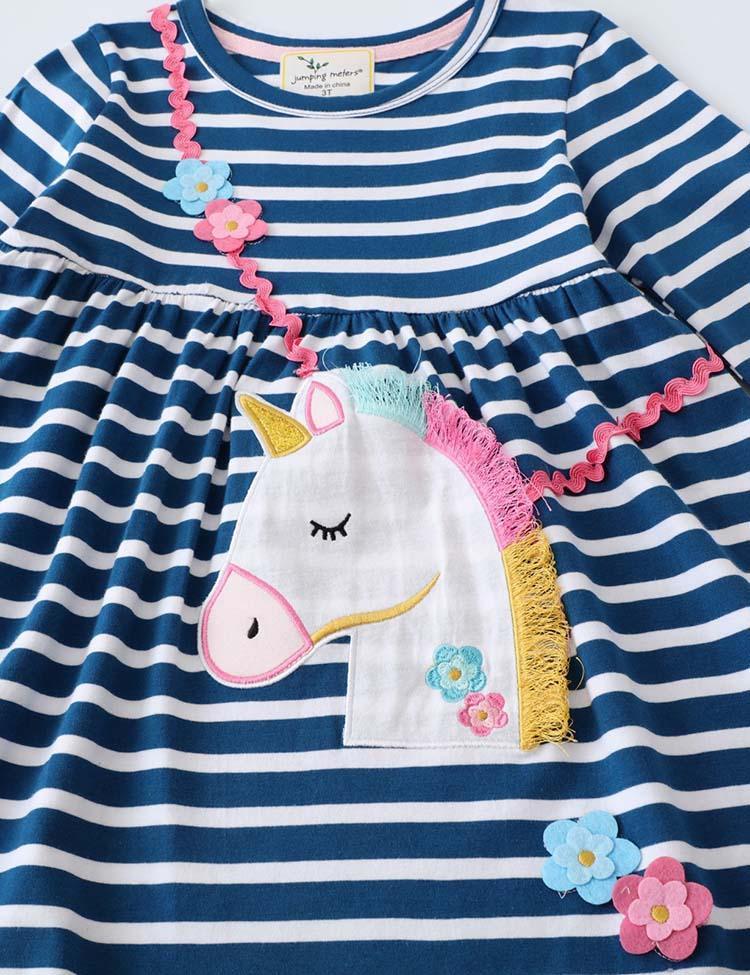 Toddler Girl Unicorn Embroidered Long Sleeve Stripe Splice Dress - CCMOM