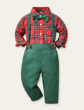 Toddler Kid Button Design Bowknot Plaid Shirt & Overalls Set - CCMOM