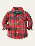 Toddler Kid Button Design Bowknot Plaid Shirt & Overalls Set - CCMOM