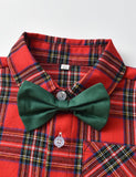 Toddler Kid Button Design Bowknot Plaid Shirt & Overalls Set - CCMOM