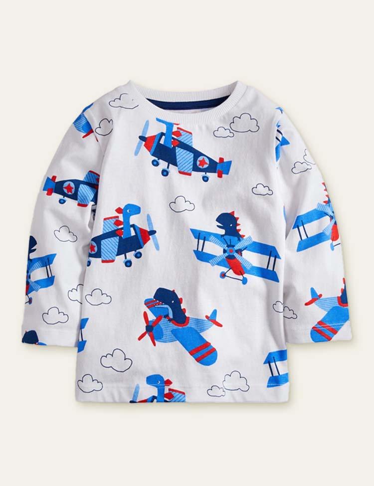 Toddler Kid Dinosaur Airplane Printed Long Sleeve Pull Over Shirt - CCMOM