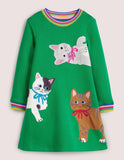 Toddler Kid Highland Green Cats Appliqué Sweatshirt Casual Dress