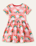 Toddler Kid Rainbow Full Printed High Waist Short Sleeves Dress