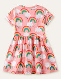 Toddler Kid Rainbow Full Printed High Waist Short Sleeves Dress - CCMOM