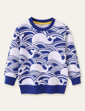 Toddler Kid Whale Wave Printed Crew Neck Pull Over Sweatshirt - CCMOM