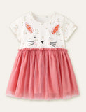 Toddler Rabbit Embroidery Floral Printed Short Sleeves Splice Dress