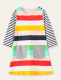 Toddler Rainbow Striped Casual Long Sleeve Dress With Pocket - CCMOM