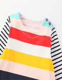 Toddler Rainbow Striped Casual Long Sleeve Dress With Pocket - CCMOM