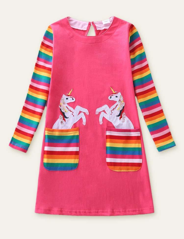 Unicorn Appliqué Rainbow Pocket Long Sleeve Dress - CCMOM