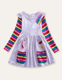 Unicorn Flowers Appliqué Rainbow Long Sleeve Dress - CCMOM