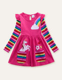 Unicorn Flowers Appliqué Rainbow Long Sleeve Dress - CCMOM