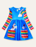 Unicorn Flowers Appliqué Rainbow Long Sleeve Dress - CCMOM