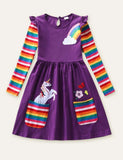 Unicorn Flowers Appliqué Rainbow Long Sleeve Dress - CCMOM