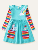 Unicorn Flowers Appliqué Rainbow Long Sleeve Dress - CCMOM